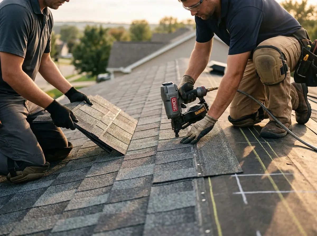 Professional roofer working on a residential roof in Chanute